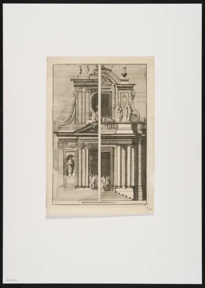 2 church portals with ionic and corinthian columns; decorated with ballustrades, foliate and floral motifs and garlands (2).