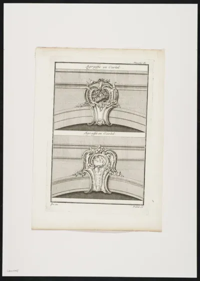 2 decorative keystones in the shape of a cartouche, decorated with a basket of flowers and plants.