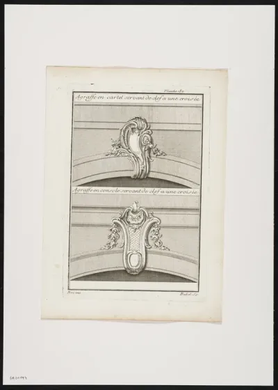 2 decorative keystones in the shape of a cartouche, decorated with flowers and plants.