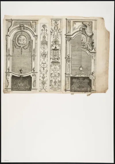2 fireplaces and 2 ornamental panels with grotesques, masks, mythological figures and leaf motifs