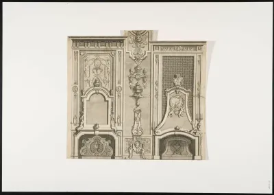 2 fireplaces and an ornamental panel with masks, grotesques, putti, mythological figures and leaf motifs