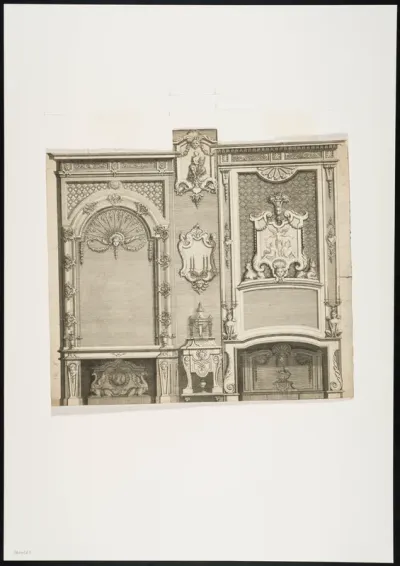 2 fireplaces and an ornamental panel with masks, mythical figures and leaf motifs