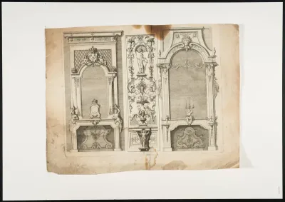 2 fireplaces and an ornamental panel with putti, masks, grotesques and mythical figures