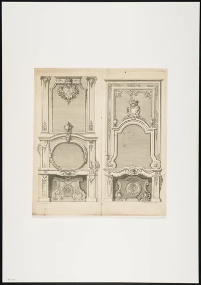 2 fireplaces with masks and foliate scrolls