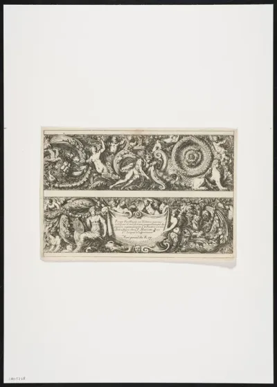 2 friezes with nudes, a sphinx, putti and foliate scrolls