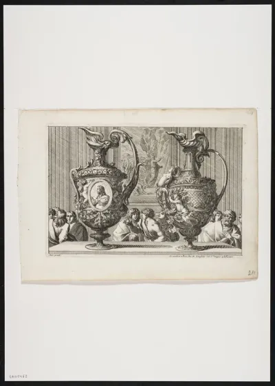 2 jugs turned left, decorated with leaf motives, putti and Christ
