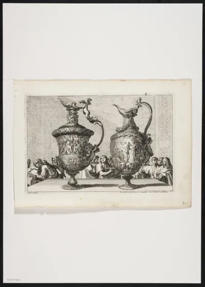 2 jugs turned to the left, decorated with 2 biblical representations: the washing of feet and baptism