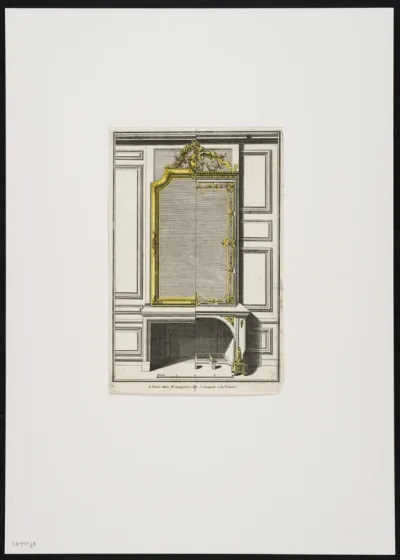 2 mantelpieces with tablet and mirror, decorated with a mask and floral motifs.