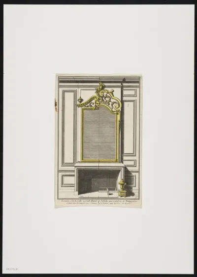 2 mantelpieces with tablet and mirror, decorated with masks.