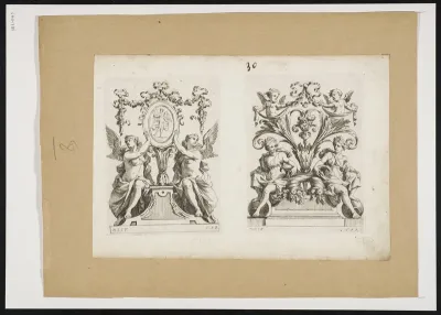 2 representations with 2 female figures next to a pedestal, 1 with antique scene, the other with putti and horn of plenty