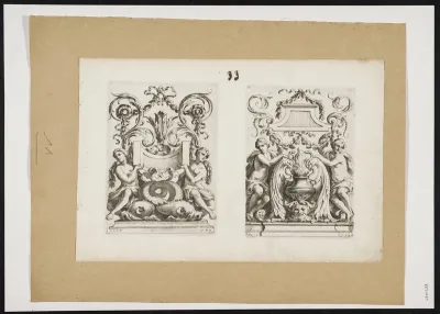 2 representations with 2 female figures next to a pedestal with snakes, mask and plant motives