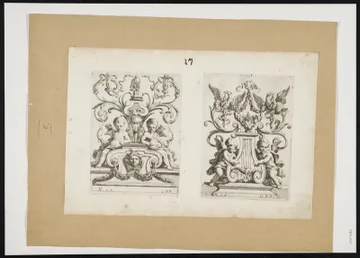 2 representations with 2 putti next to a pedestal with masks, eagles and snakes