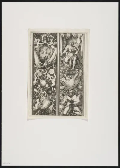 2 trophies with 2 ancient rulers, prisoners, putti, coats of arms and victory attributes.