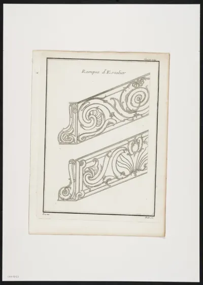 2 wrought iron banisters decorated with foliate scrolls (2).