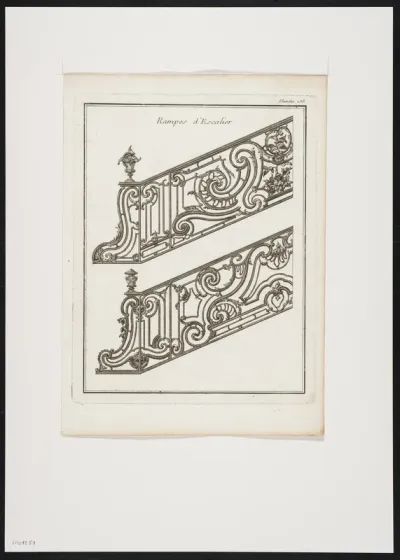 2 wrought iron banisters decorated with foliate scrolls (6).