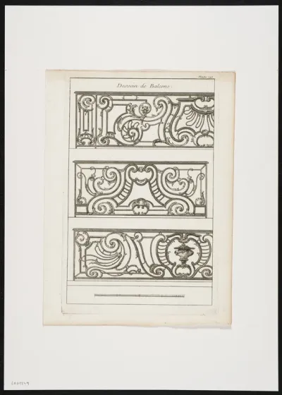 3 Balustrades of a balcony in wrought iron, decorated with plants (3).