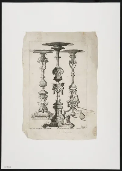 3 candlesticks with naked figures, sphinxes, putti and foliate scrolls