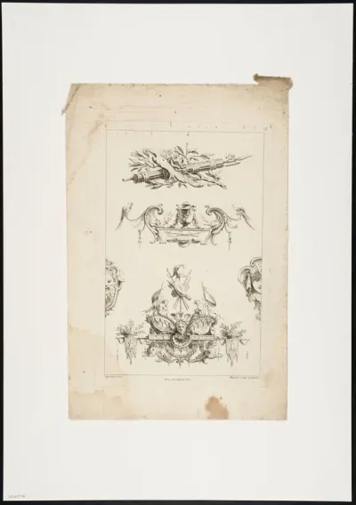 3 cartouches with masks, putti and victory attributes