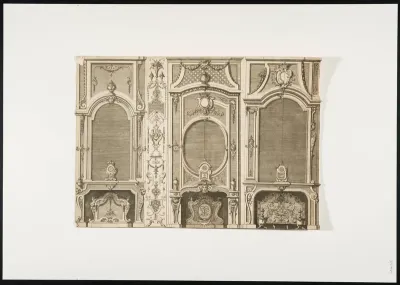 3 fireplaces and an ornamental panel with masks, grotesques, cartouches and leaf motifs