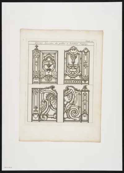 4 grids in wrought iron, decorated with foliate scrolls.