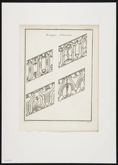 4 wrought iron banisters decorated with foliate scrolls.