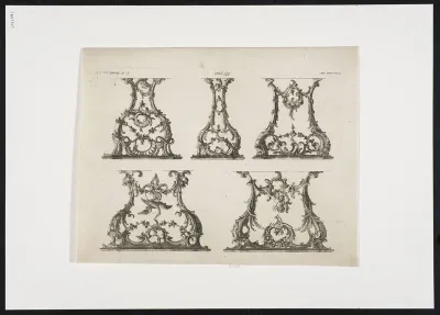 5 side tables with putti, a stork and rococo motifs
