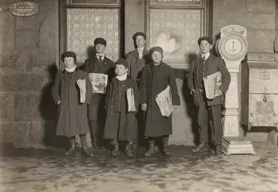 8:30 P.M. Group of newsboys selling at the depot, Hartford, Connecticut. Smallest boy 11 years old.
