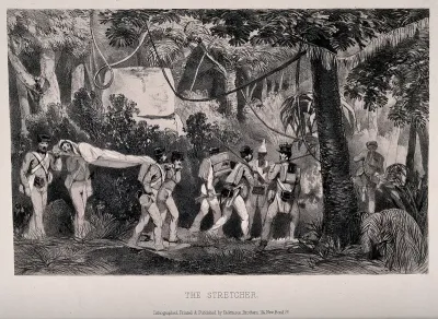 8th Xhosa War: British soldiers bearing a wounded man on a stretcher and supplies through jungle
