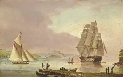 A '74', traditionally thought to be H.M.S. Implacable, off Mount Edgcumbe, in Plymouth Sound