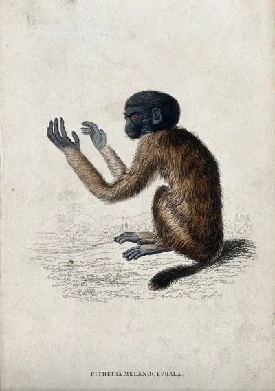 A ape of the genus pithecia melancocephalia sitting on the ground with both arms raised