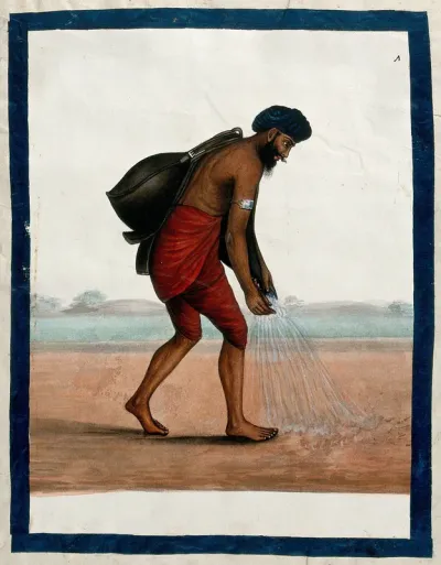A B'heesthy or waterman, watering the road with a leather bag filled with water
