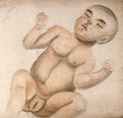 A baby girl with infected eyes, from which pus is emanating