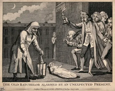 A baby has been left outside the town-house of an old bachelor, and a young woman watches from the corner of the street