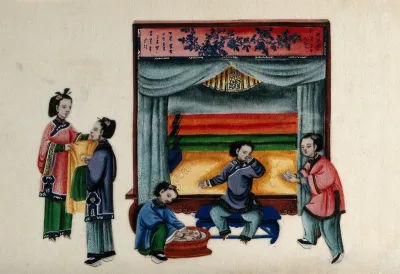 A baby is bathed while an attendant brings tea to the mother who is reclining on a settee beside a canopied bed ; left, two women prepare robes for the child