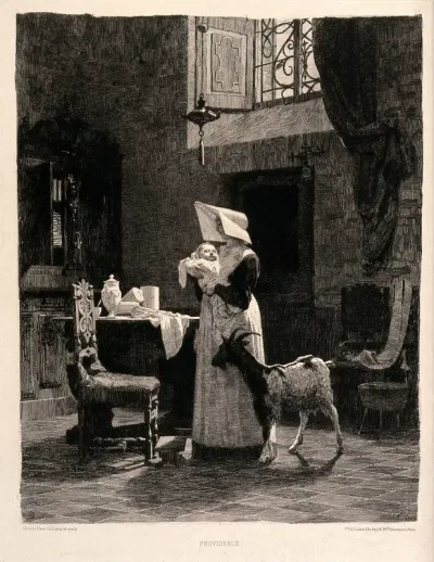 A baby is being taken care of by a nun in a convent