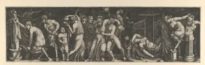 A Bacchanal, Silenus supported by two bacchants in the centre, at right a female satyr reclining on a bed and another pulling the horns on a statue of Priapus, various other figures fill the composition