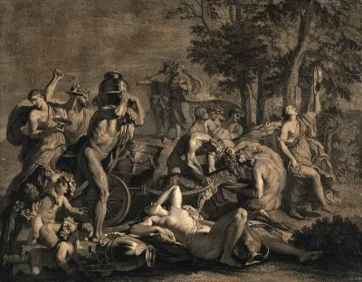 A bacchanalian gathering with leopards pulling a chariot and Silenus (?) on a donkey