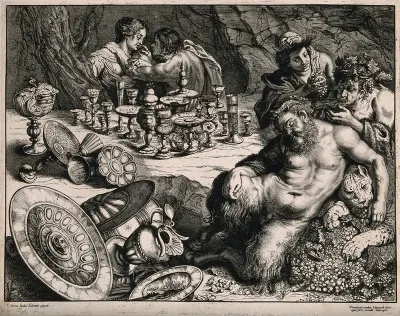 A bacchanalian scene with Pan sleeping and many drinking vessels left on a table