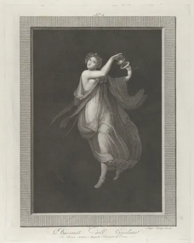 A bacchante, a garland on her head, and playing cymbals, set against a black background inside a rectangular frame