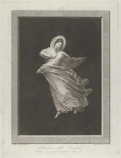 A bacchante wearing a flowing drapery, looking down, right arm bent and left arm outstretched, set against a black background inside a rectangular frame