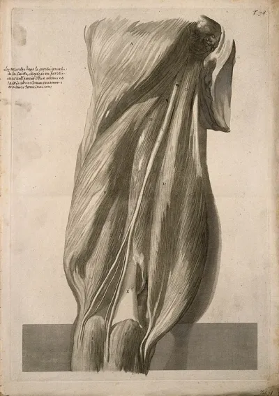 A back view of the muscles of the thigh, intact but slightly separated from each other