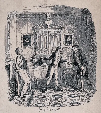 A bailiff (Mr Fixem, centre) calls on an affluent man (left) to enforce payment of a debt, assisted by his assistant (Bung, right)