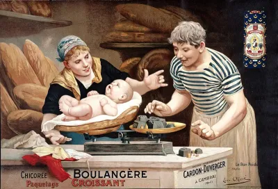 A baker and his wife weighing their baby, representing an advertisement for "Boulangère" chicory