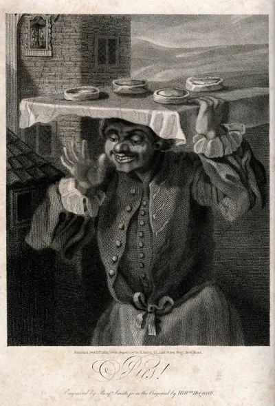 A baker is carrying a tray of pies on his head