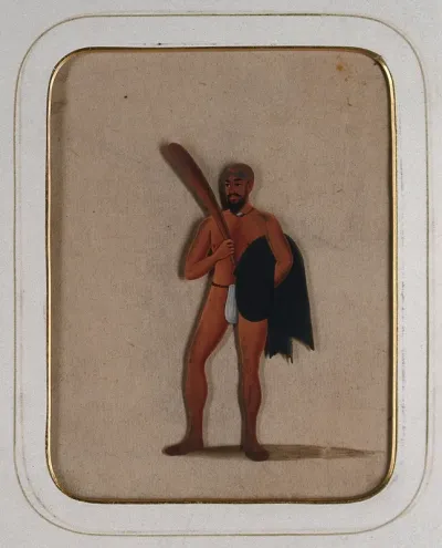 A bald man wearing a loin cloth, holding a wooden club and a black piece of cloth