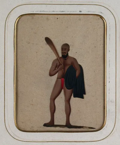 A bald man wearing a red loin cloth holding a club and a black cloth