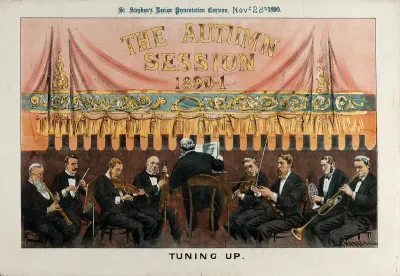 A band is tuning up in a theatre; the stage curtain is inscribed "The autumn session 1890-1"