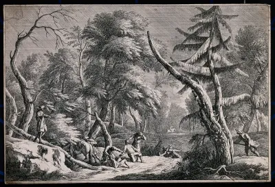 A band of brigands robbing and killing men in a wild terrain