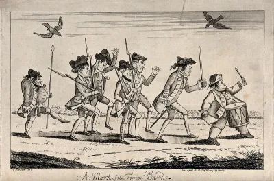 A band of militiamen in uniform marching in a disorderly manner, headed by a drummer