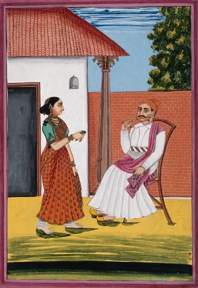 A banker seated in the courtyard of a house, with a woman standing on the left